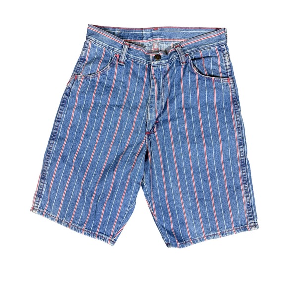 Vintage Wrangler Denim Shorts 26 waist Blue Red Striped made in USA - Picture 1 of 6
